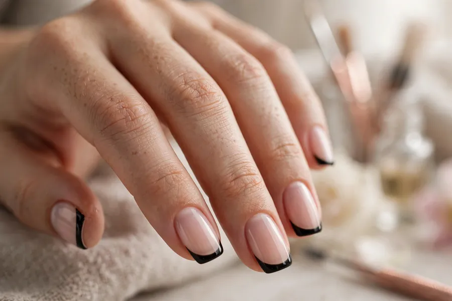 Black French tip nails on a nude base, modern black nails design