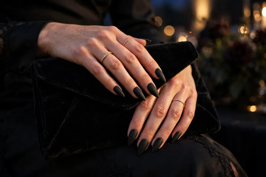 Matte black date night nails on real hands resting on a black velvet clutch