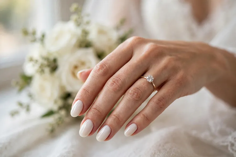 Classic white bridal nails on an elegant bride's hand