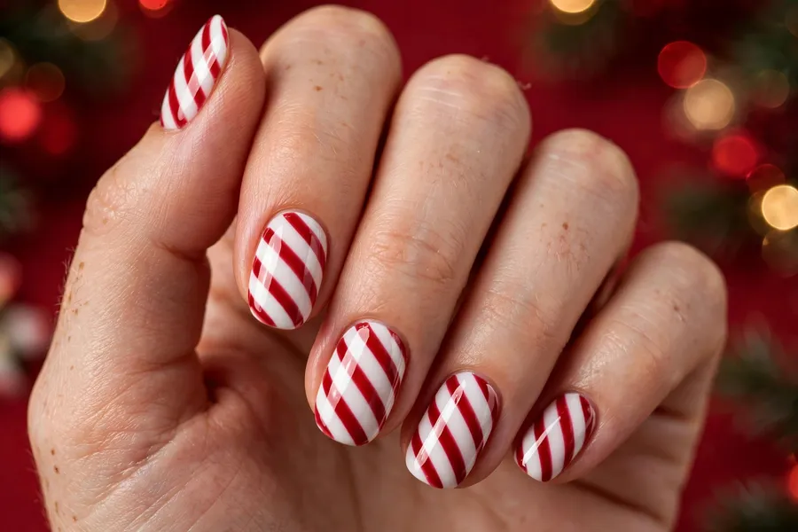 Candy cane stripes december nail ideas in red and white diagonal stripes
