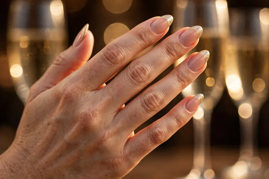 Champagne gold glitter French tip birthday nails