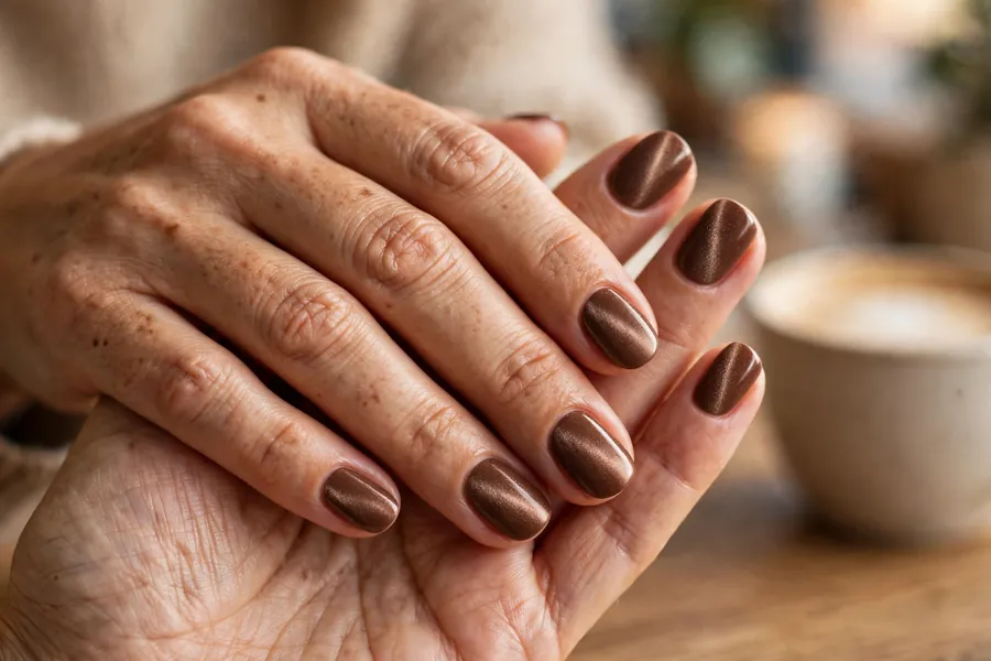 Chocolate brown velvet nails on real hands