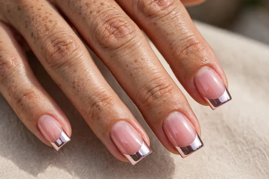 Jelly pink chrome nails with mirror chrome french tips