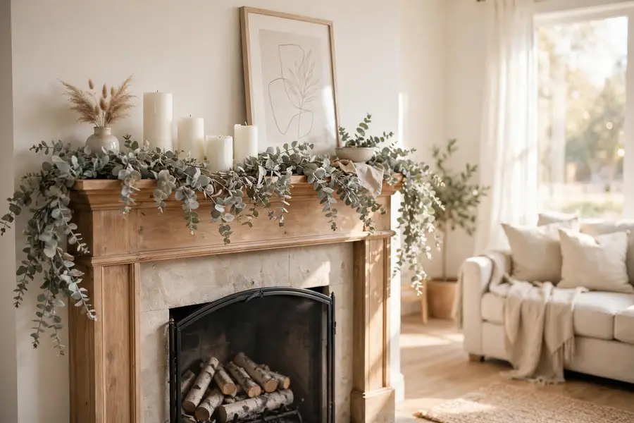 Eucalyptus garland with white candles on a fireplace mantel