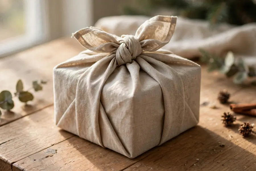 A Christmas gift wrapped in beige linen fabric tied in a furoshiki knot