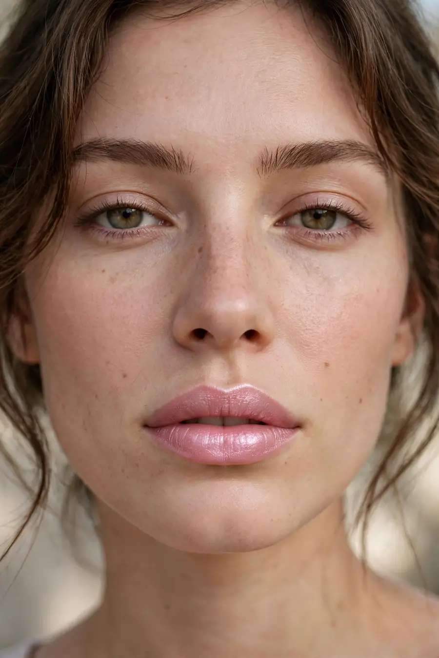 Frosted pink lipstick with a pearlescent sheen on a woman