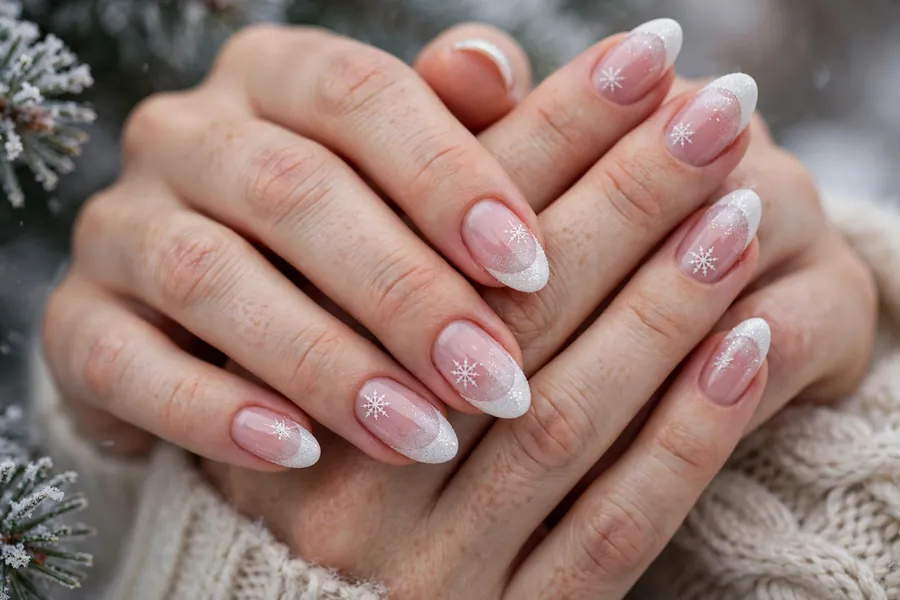 White frosted snowflake Christmas French tip nails on real hands in soft winter light