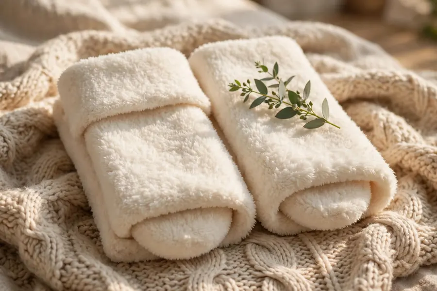 Pair of cloud-soft cream fuzzy socks folded on a cozy knit blanket