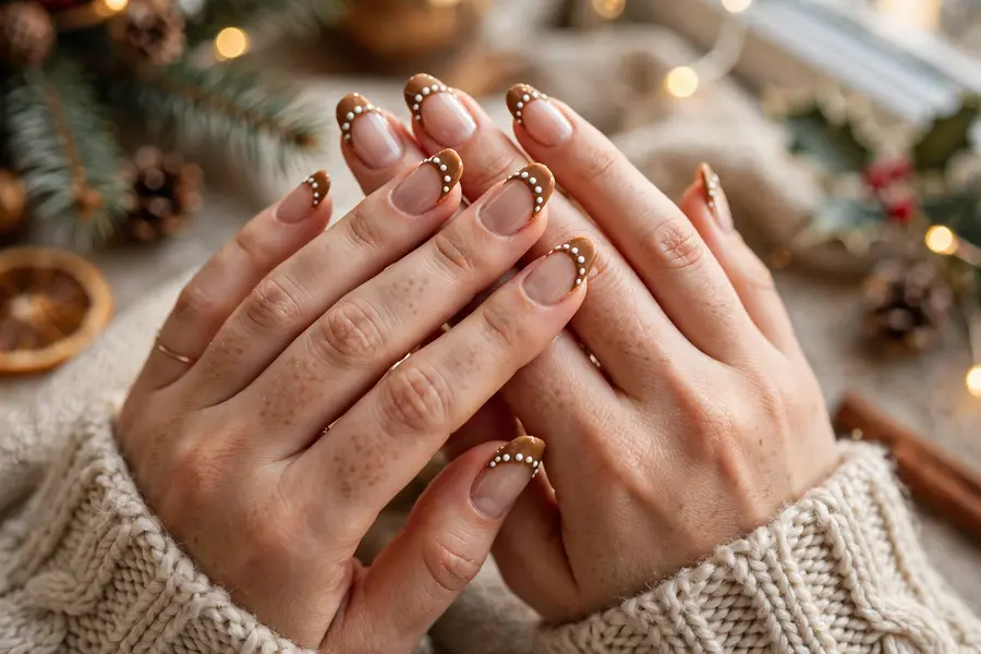 Gingerbread French tip nails with brown tips and icing dots on real hands