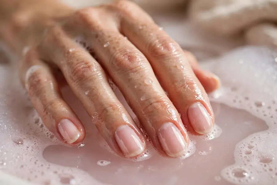 Glass finish sheer pink bubble bath nails on real hands