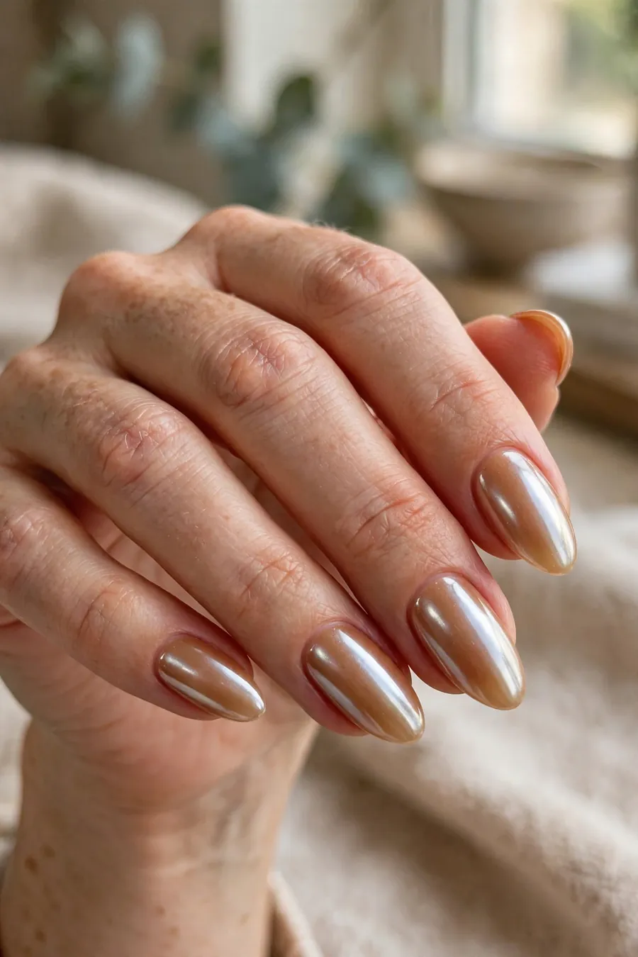 Glazed caramel nude nails with pearl chrome finish, donut glaze effect