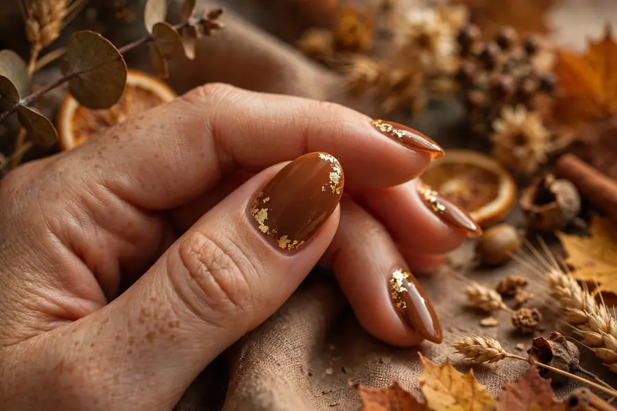 Warm brown nails with gold foil harvest accents