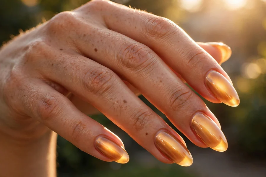 Golden hour aura nails with amber and honey gold airbrushed color
