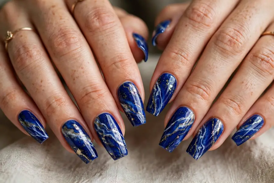 Deep blue lapis marble nails with gold veining