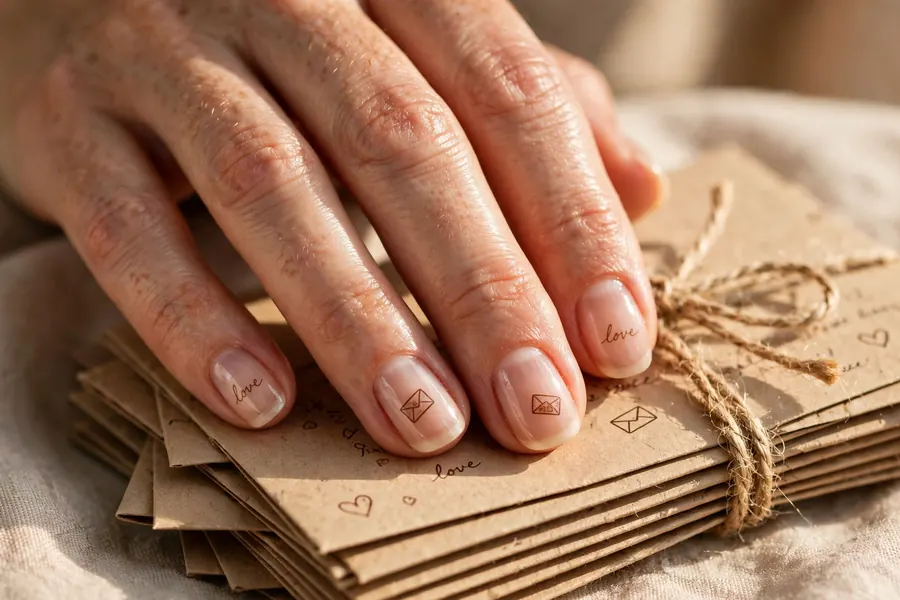 Love letter Valentine's Day nails with handwritten script on nude polish