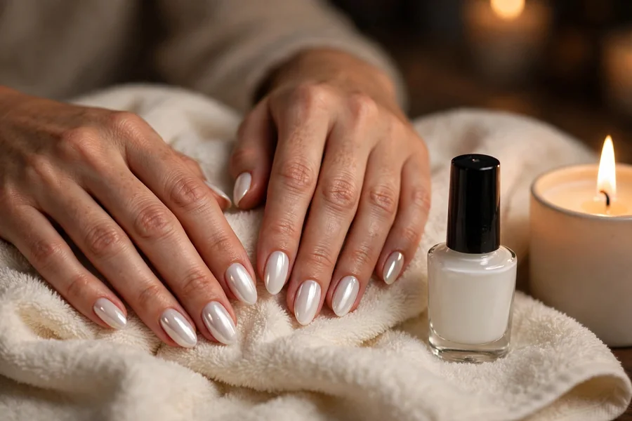 At-home manicure reset with milky white nail polish for fall self care