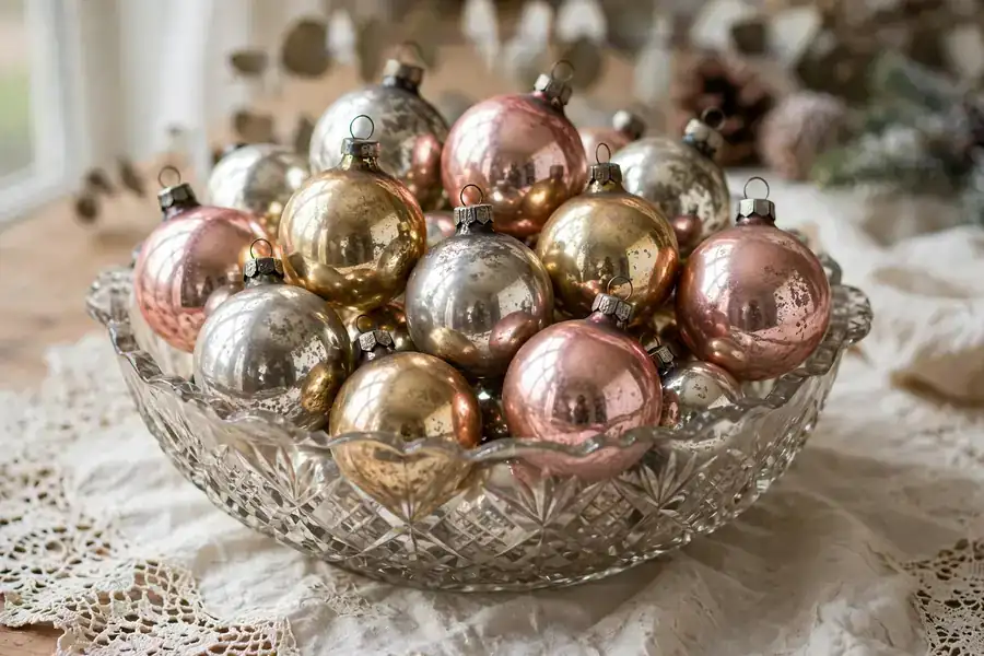 Antique mercury glass Christmas ornaments in a cut glass bowl on lace