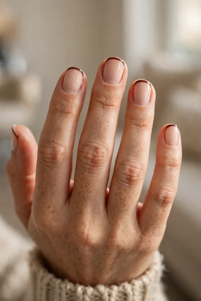 Chocolate brown micro French tip nails