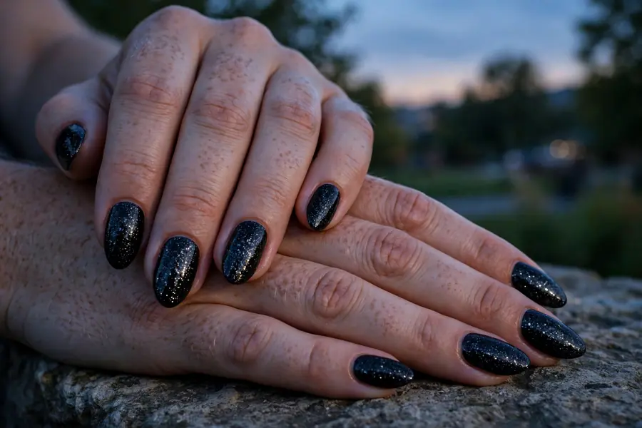 Black glitter nails on real hands in evening light