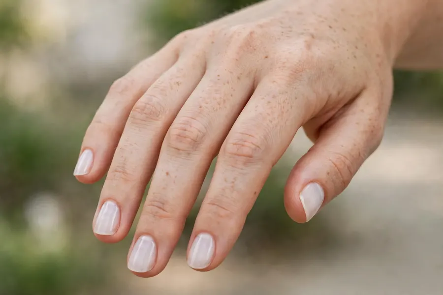 Milky white short nail designs on real hands