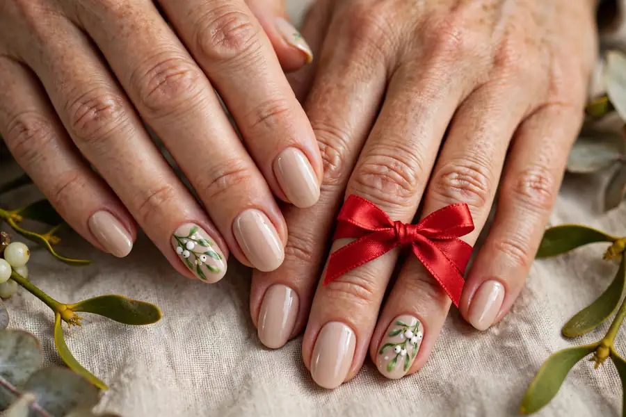 Mistletoe and white berries accent mistletoe nails on real hands with a red ribbon