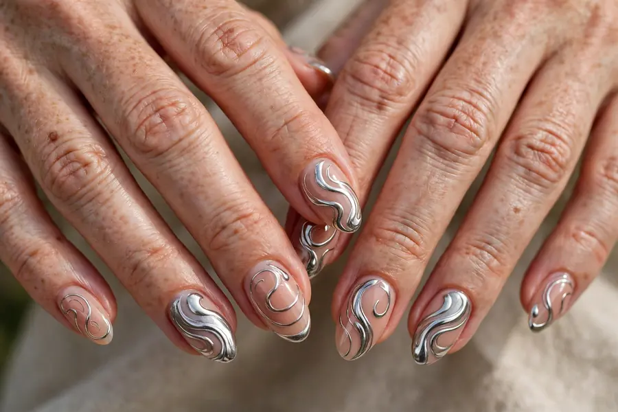 Molten silver swirl chrome nails on real hands over a dark table