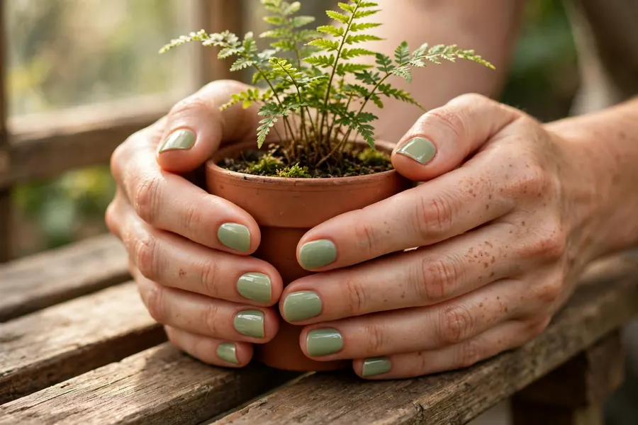 Moss green earthy nails on real hands