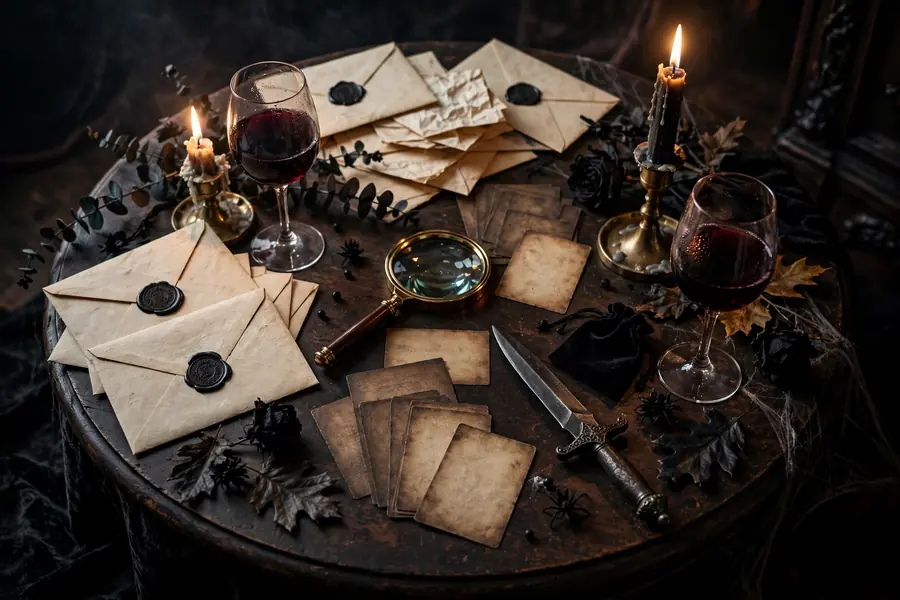 Murder mystery game table with clue cards, candles, vintage envelopes and gothic props
