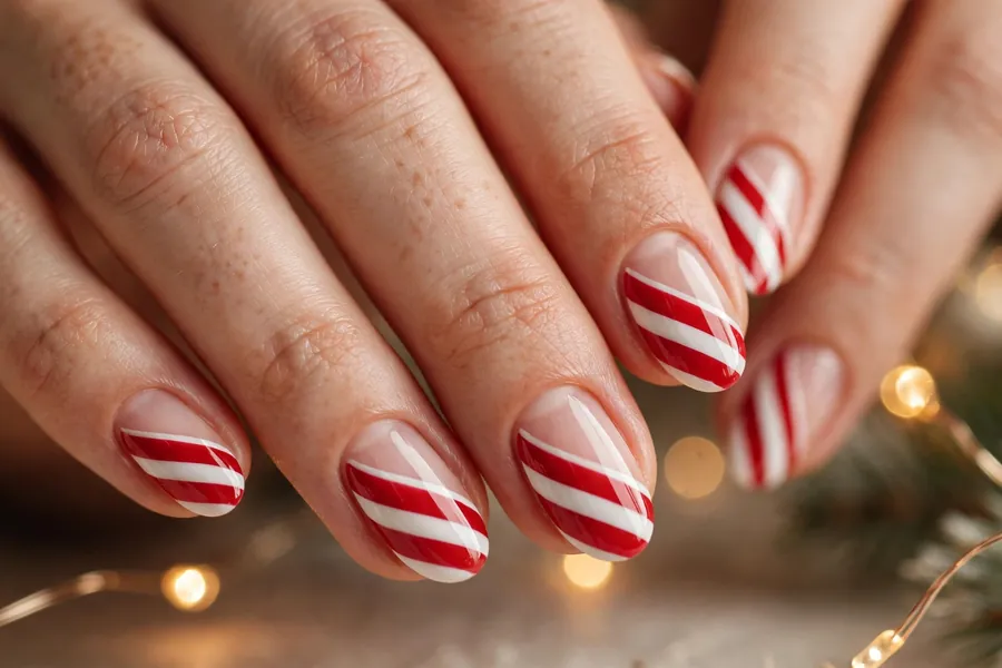Negative space candy stripe nails with bare nail showing through on real hands