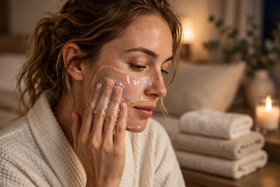 Overnight sleeping mask being smoothed over skin before bed