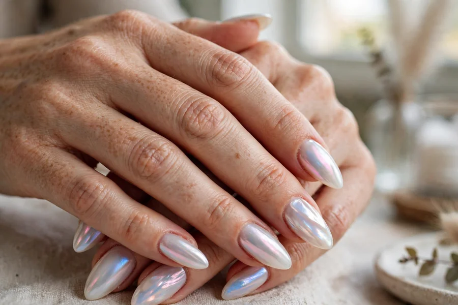 Pearl chrome sheen milky white chrome nails with opalescent undertones