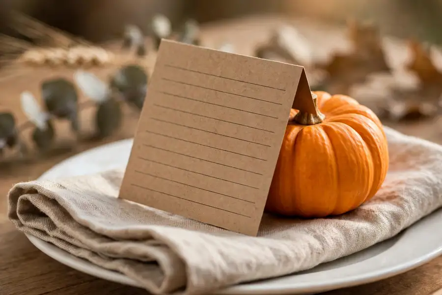 Handwritten kraft place cards at thanksgiving table settings