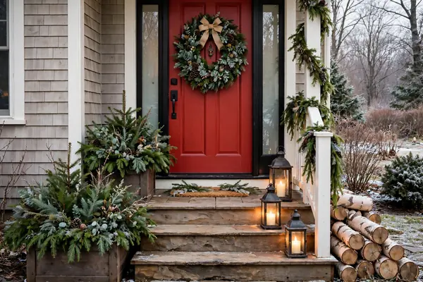 Front porch with Christmas lanterns, evergreen planters and a red door wreath