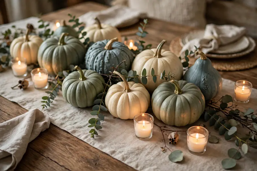 Fall home decor ideas with a pumpkin and gourd centerpiece on a dining table