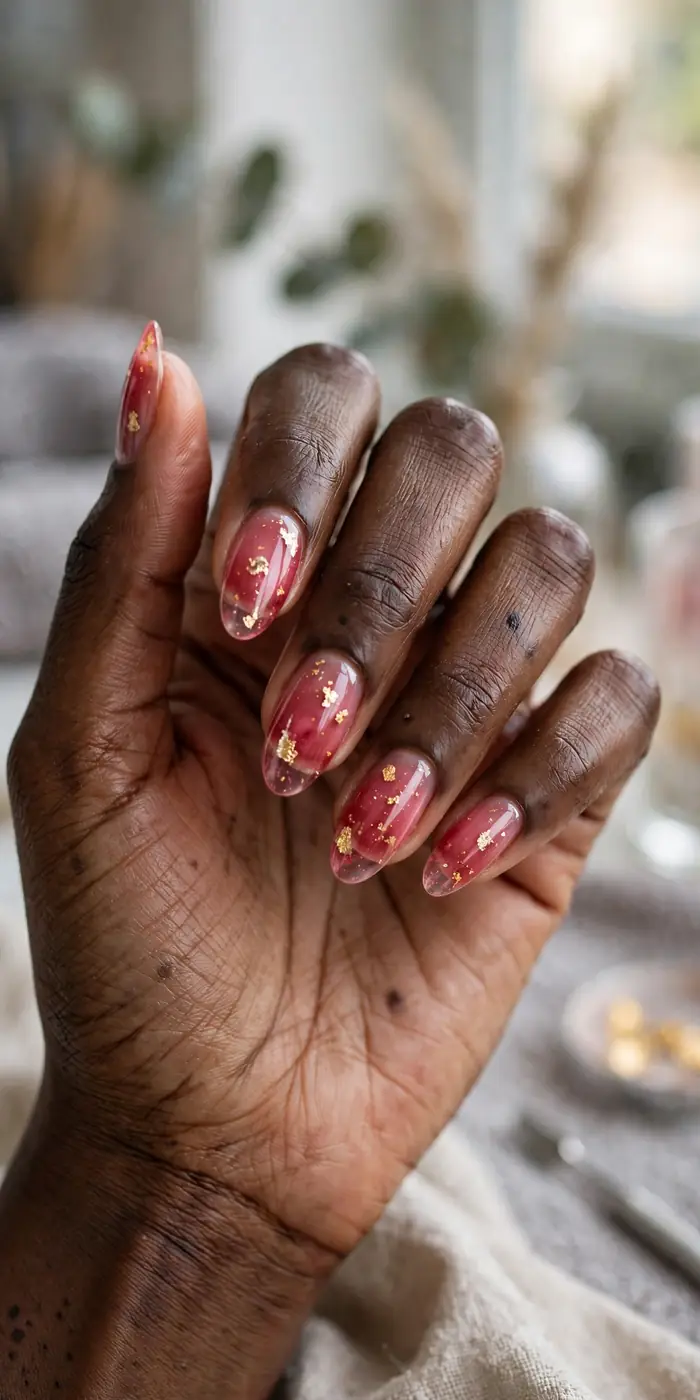 Raspberry jelly nails with delicate gold flakes suspended in the jelly
