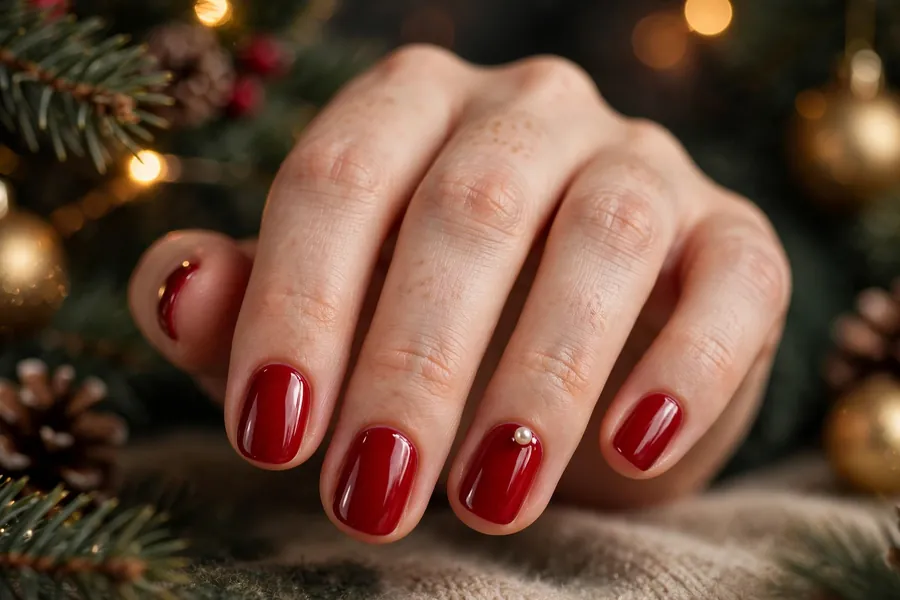 Red nails with single pearl accent