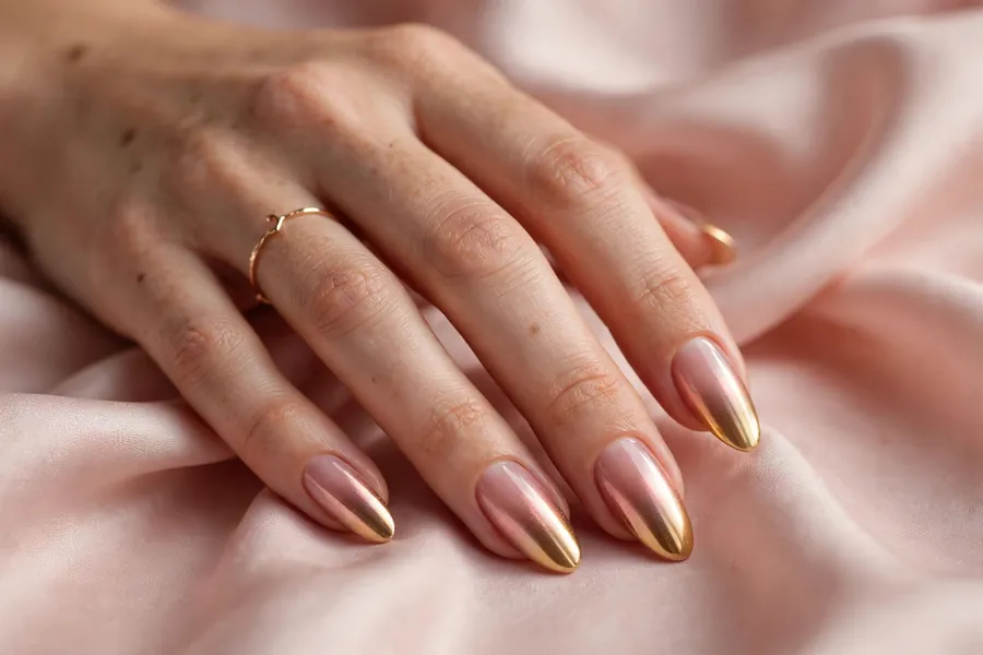 Hand with rose gold chrome ombre nails fading from pink to gold