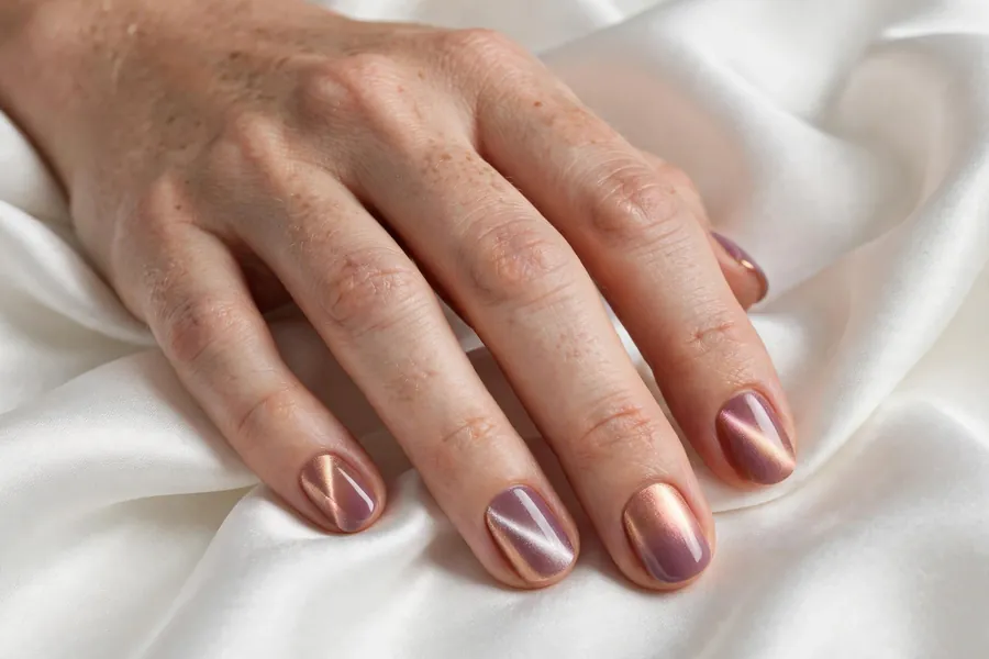 Round nails with rose gold-to-mauve two tone cat eye nail polish, soft duochrome glow