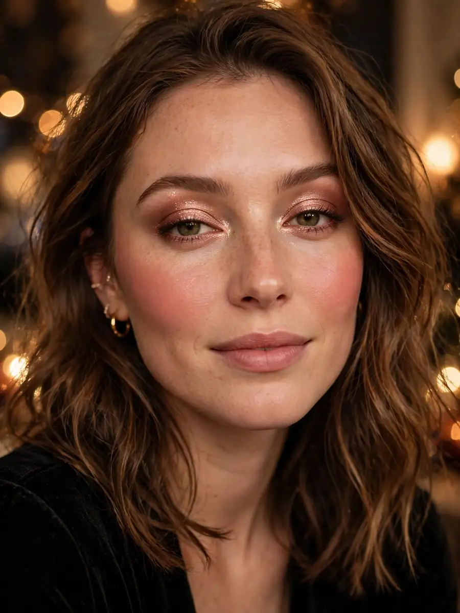 Woman with rose gold shimmer eyeshadow and a rosy glow for New Year's Eve