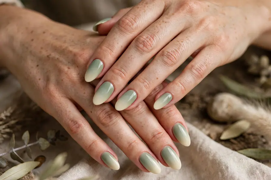 Sage green to cream ombre gradient nails
