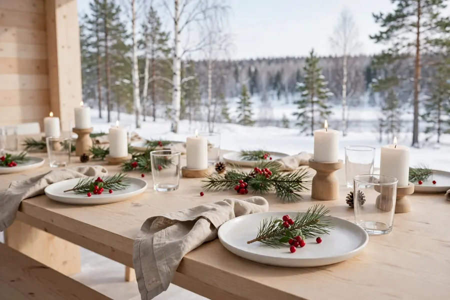 Scandinavian minimalist christmas table with white ceramics and pine sprigs