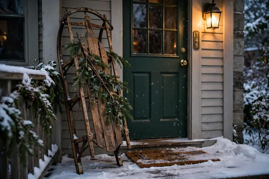 Photorealistic photograph of a vintage wooden sled decorated with evergreen branches leaning beside a front door