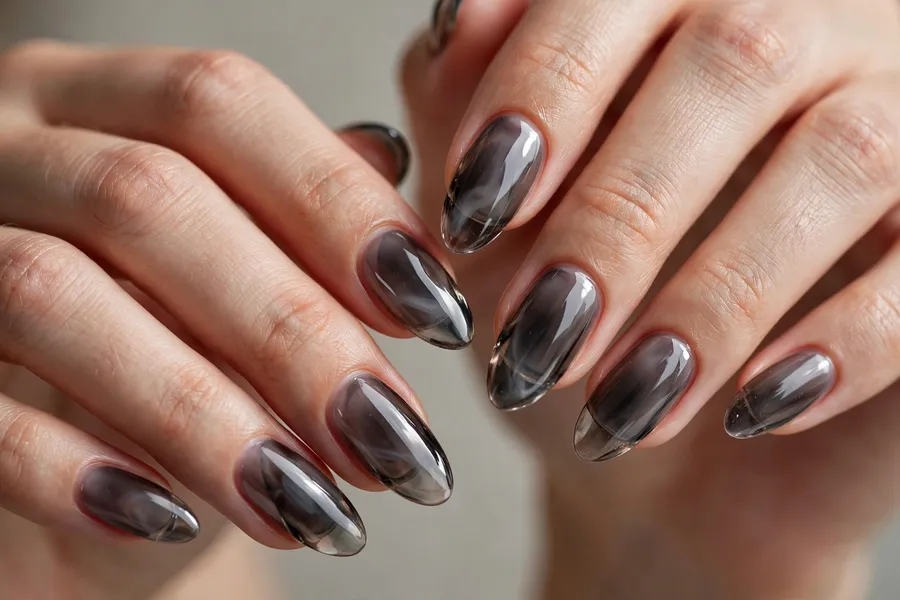 Smoked grey translucent glass nails on real hands