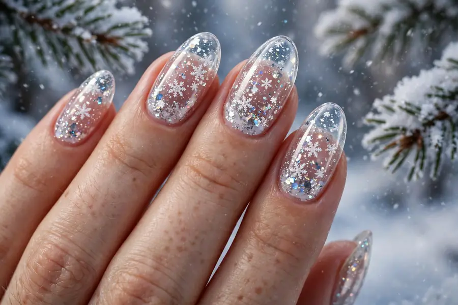 Clear glitter snow globe effect nails with white snowflakes on real hands