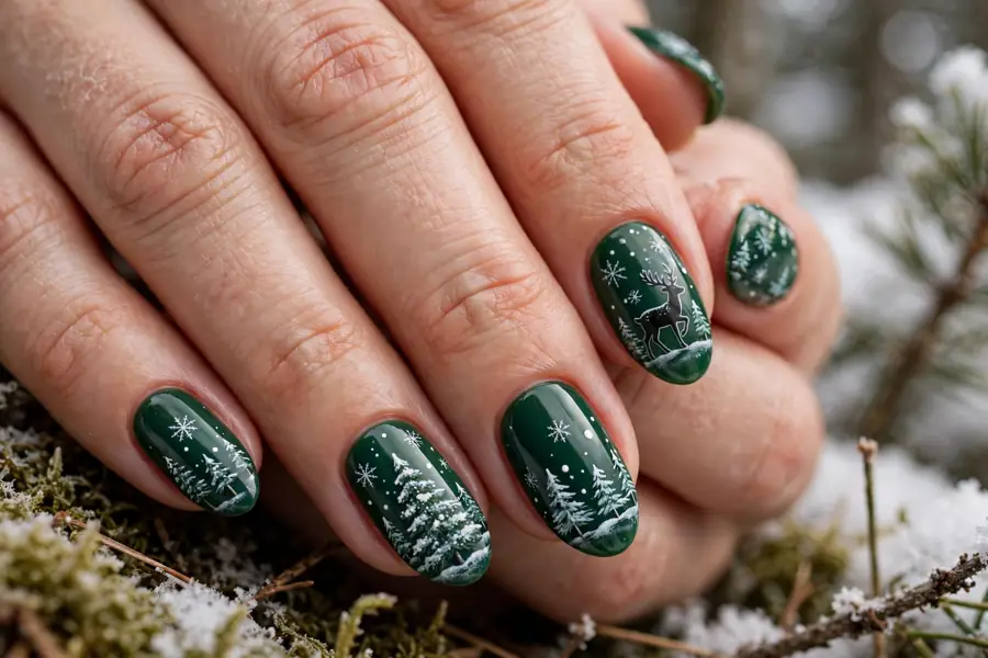 Snowy woodland reindeer nails with pine trees on real hands in winter light
