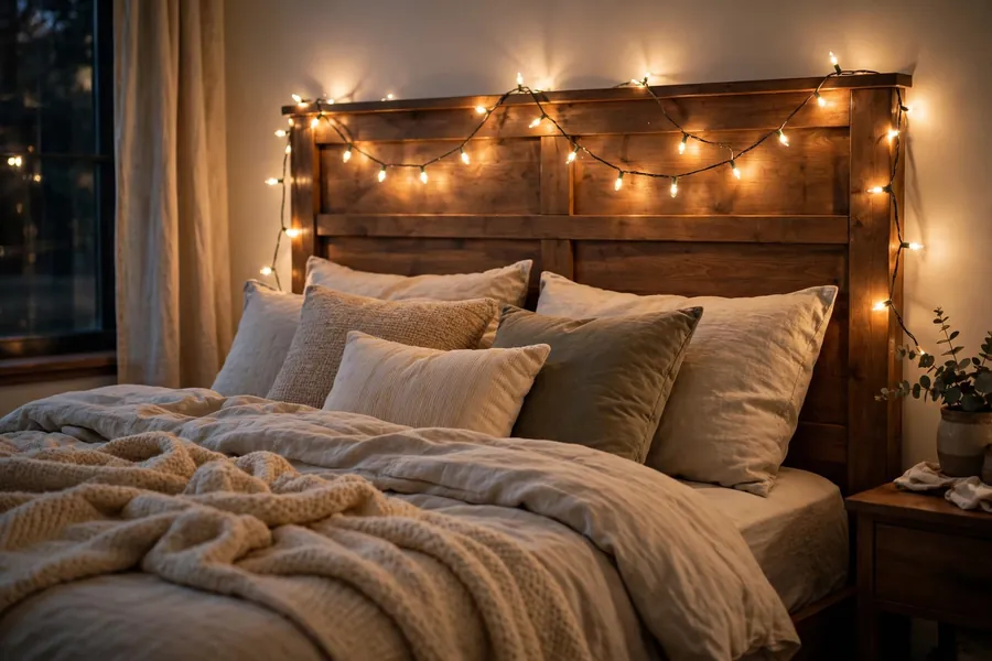 soft string lights draped over a headboard in a warm cozy bedroom