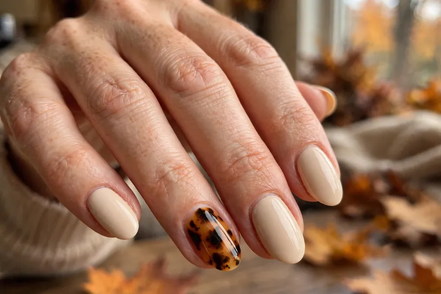 Nude nails with tortoiseshell accent nails