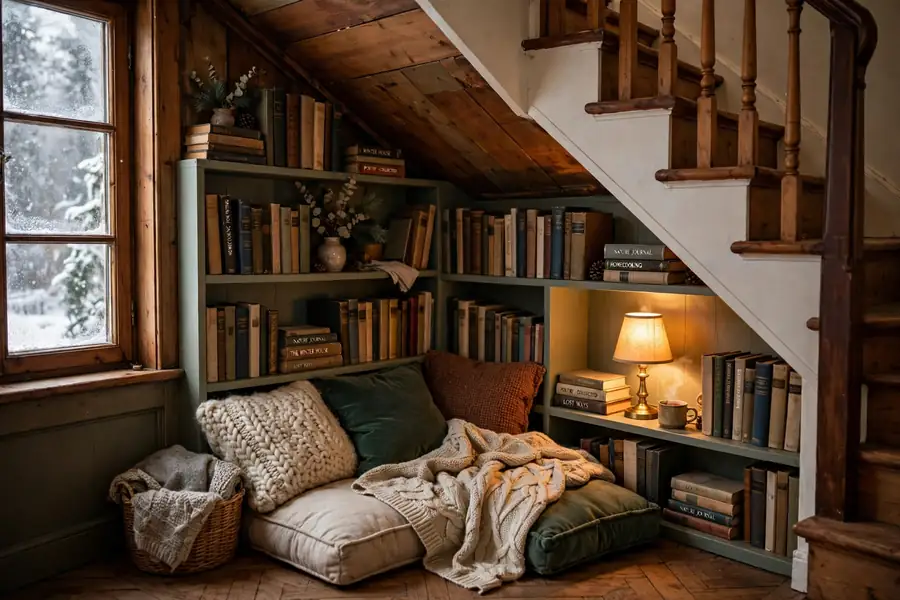 Cozy reading cubby under a staircase with cushions books and warm lighting