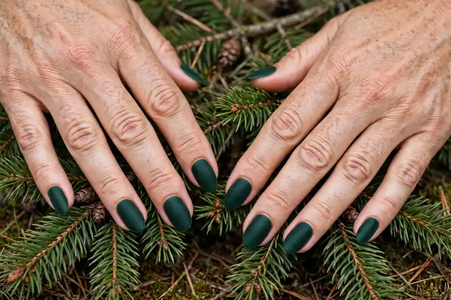 Matte deep evergreen velvet nails on real hands among pine branches