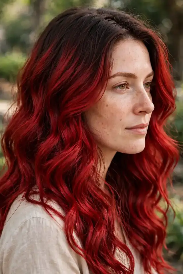 Vibrant cherry red pop hair color, bold cherry cola brunette